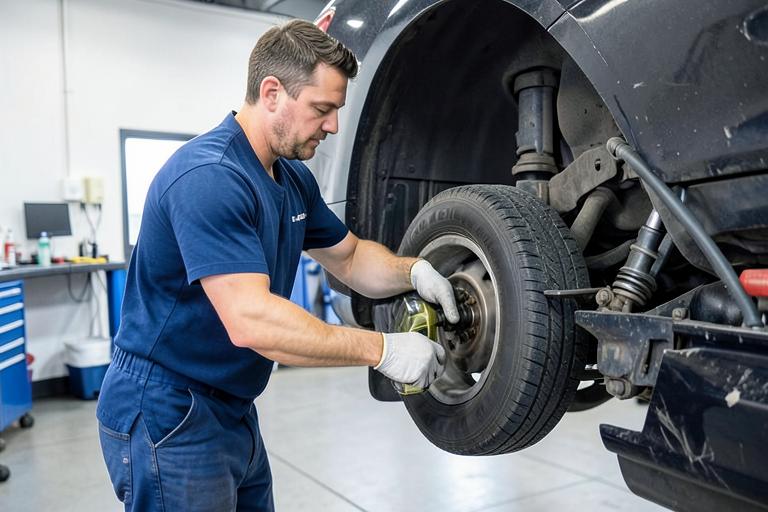 Mechanic servicing a car on a lift